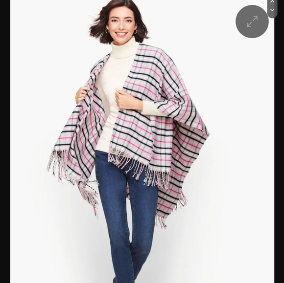 NWOT Talbots Arctic Plaid Ruana Fringe Poncho Shawl Wrap Scarf Size XS/S #0119